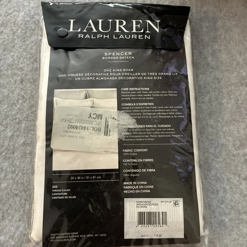 NWT Ralph Lauren Spencer Sateen STONE GREY Border 1NWT King Sham 20x36 MSRP $135